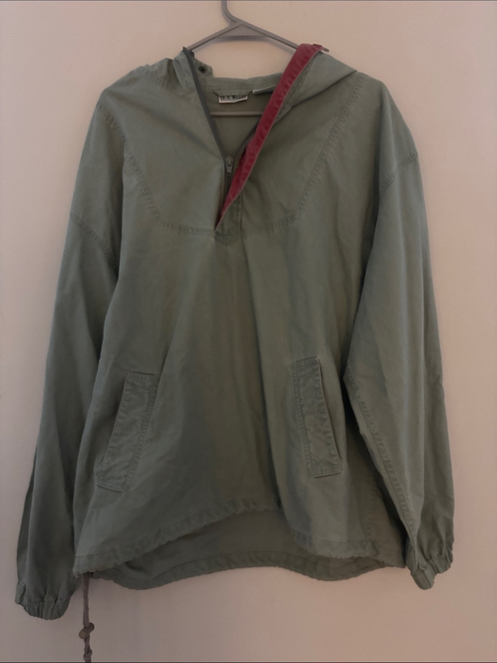 VINTAGE L.L. Bean Sage Green Hooded Pullover with Red Trim - Oversized Fit